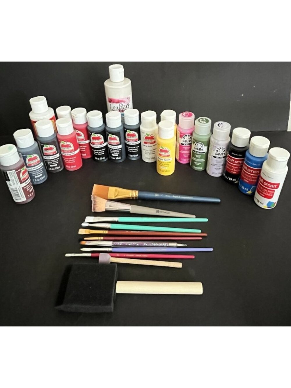 Mixed Lot Acrylic Paint Apple Barrel Folk Art Craft Smart 2oz + Brushes Sponges